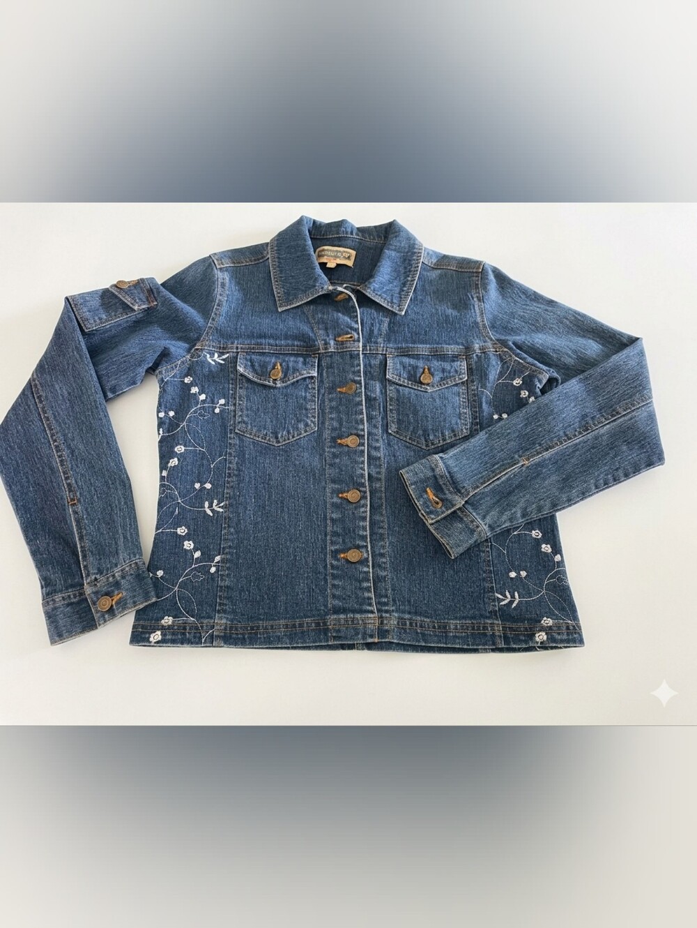 Vintage MC  Blue Denim Jacket with White Floral Embroidery Sz 7